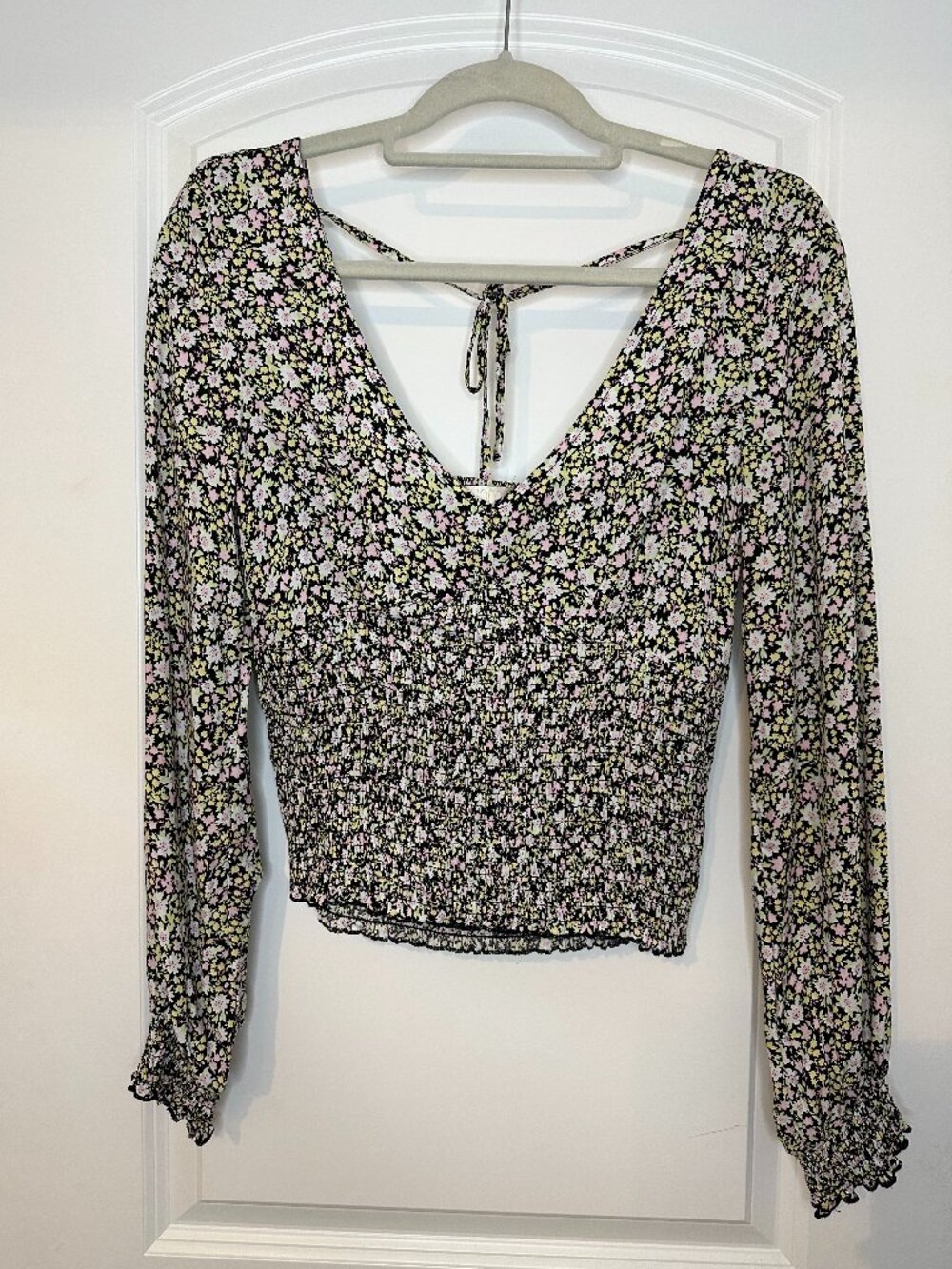 Floral Smocked Crop Top Puff Sleeve Tie Back Boho Women's M Chance